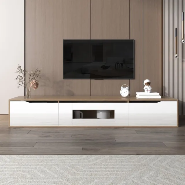 Wishdor Tv-Meubel - Hoogglans Afwerking - Ledverlichting Met 16 Kleuren - Spaanplaat - Wit En Houtkleur - 180 X 35 X 30 Cm