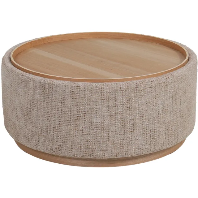 DÉJA Living Salontafel Marcia Taupe/Naturel – Rond – Met Opbergruimte – Chenille en Essenfineer – 83x83x40 cm