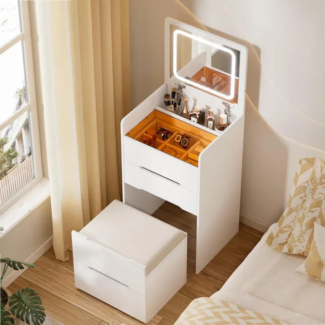Sierra Make-uptafel met inklapbare spiegel en ledverlichting, 3-in-1, toilettafel voor slaapkamer, kaptafel met zichtbaar glasplaat, compact met 3 laden en gevoerde kruk, badkamertafel Bruin.