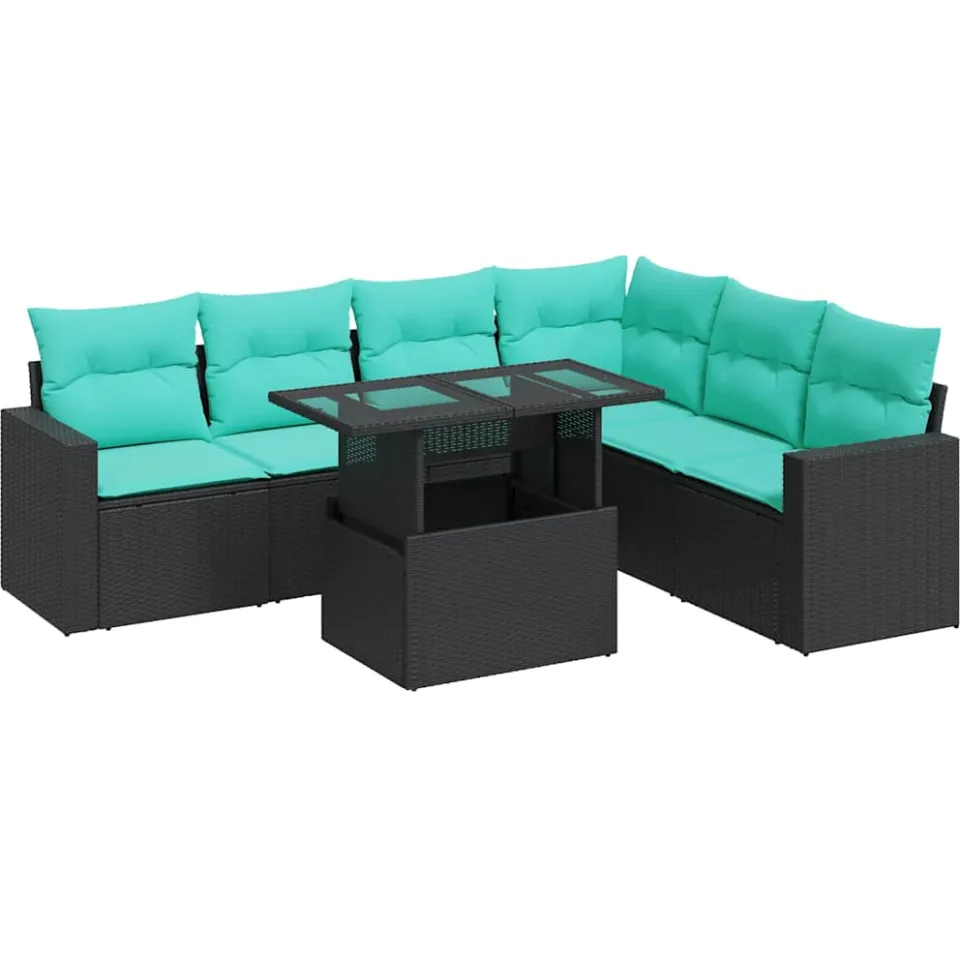 vidaXL 7-delige Loungeset met kussens poly rattan acacia zwart, foto 3