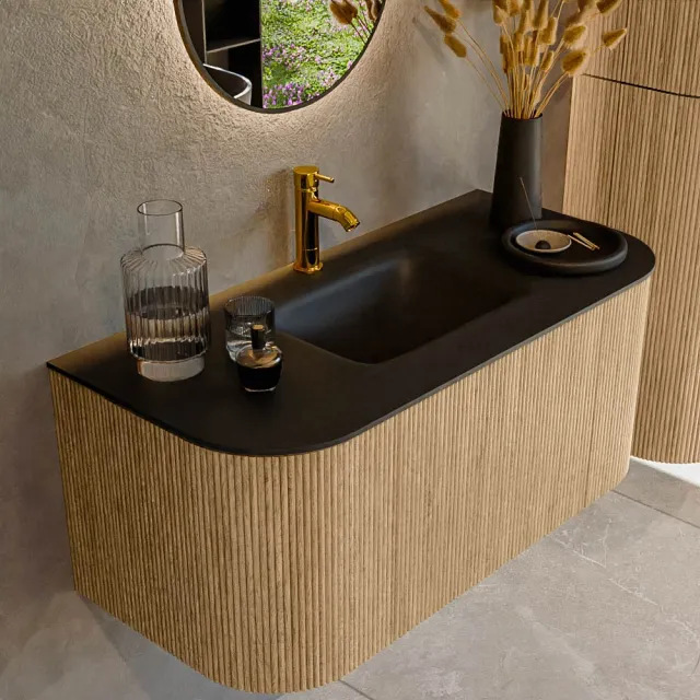 Mondiaz KURVE 100 cm Onderkast Greeploos 1 Lade Met Deuren Oak, Wastafel Solid Surface MIdden Urban 1 Kraangat Zonder Spiegel (KRVGRU100L+R1L2D1KM-Oak/Urb)