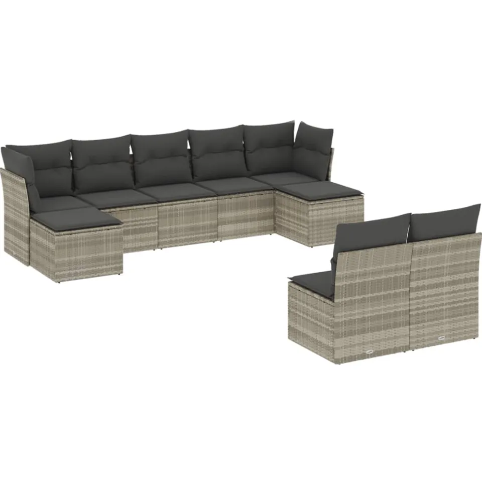 vidaXL 9-delige Loungeset met kussens poly rattan lichtgrijs grijs