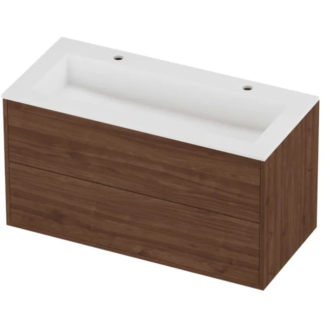 Proline Aristo Badmeubelset Polystone Elegant 2 Gaten 100x46x54 cm Mat White Indian Walnut Houtlook
