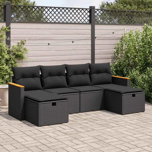 vidaXL 6-delige Loungeset met kussens poly rattan zwart, foto 2