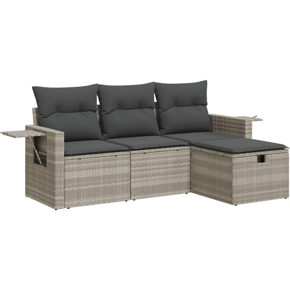 vidaXL 4-delige Loungeset met kussens poly rattan lichtgrijs grijs, foto 3