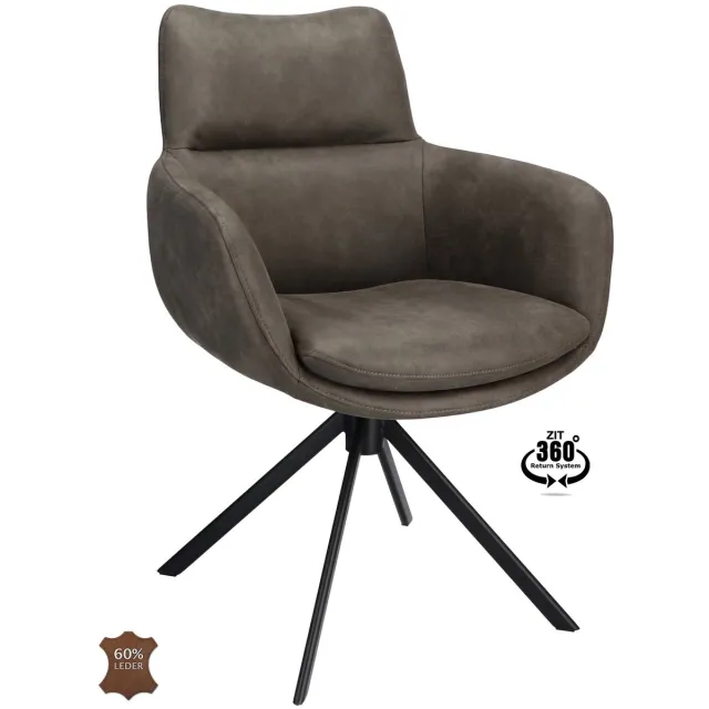Icon Living Armstoel Savo - Microleder Bull Graphite - Leg Black 360° Return-System Grijs