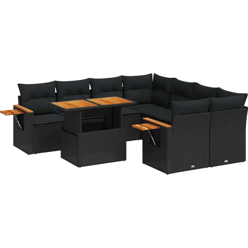 vidaXL 9-delige Loungeset met kussens poly rattan zwart
