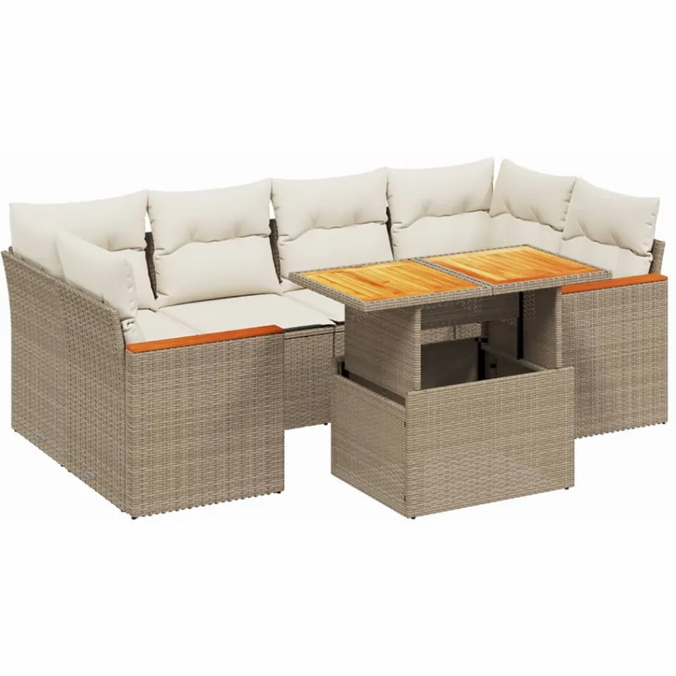 vidaXL 7-delige Loungeset met kussens poly rattan beige, foto 3