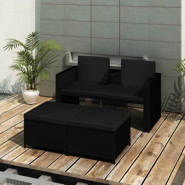 vidaXL 3-delige Loungeset met kussens poly rattan zwart, foto 2