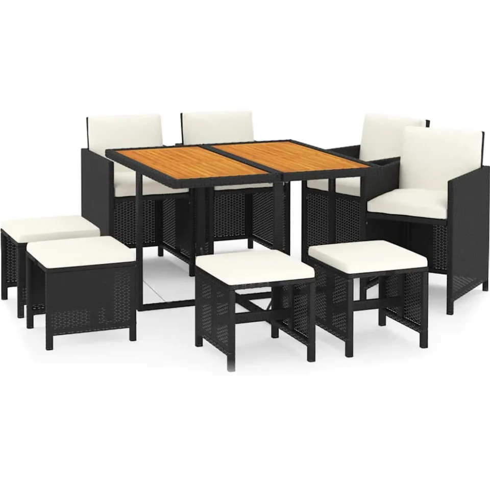 vidaXL 9-delige Tuinset met kussens poly rattan zwart