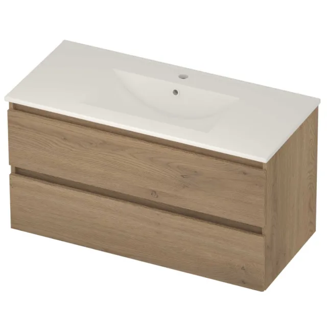 Basic-Line Coach 46 Badmeubelset Porselein 1 Kraangat Greeploos 100x46x54 cm Pure Oak Glans Wit