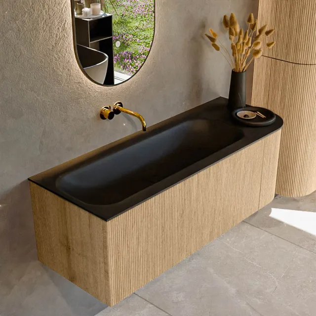 Mondiaz KURVE 125 cm Onderkast Greeploos 1 Lade Met Deuren Oak, Wastafel Solid Surface Links Urban 0 Kraangaten Zonder Spiegel (KRVBGM125R1L1D0KL-Oak/Urb)