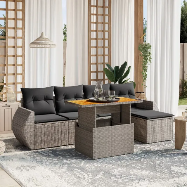 vidaXL 6-delige Loungeset met kussens poly rattan grijs, foto 2
