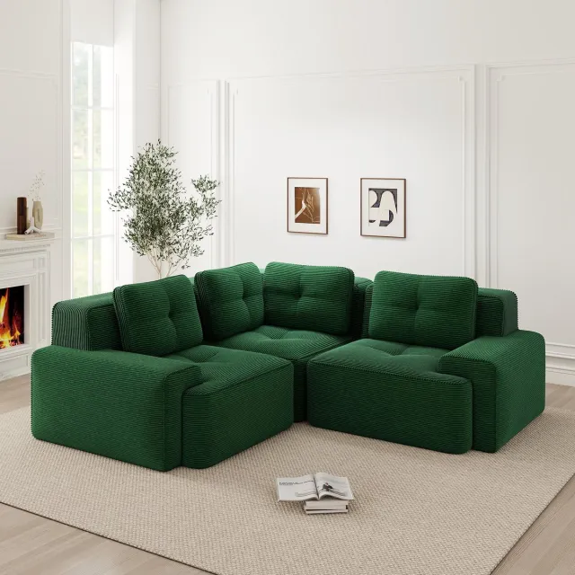 REDOM Modulaire 3-Zits Hoekbank – Diepe Zitting van 74 cm – Ribstof Bekleding – Groen – 177 x 104 x 69 cm Groente
