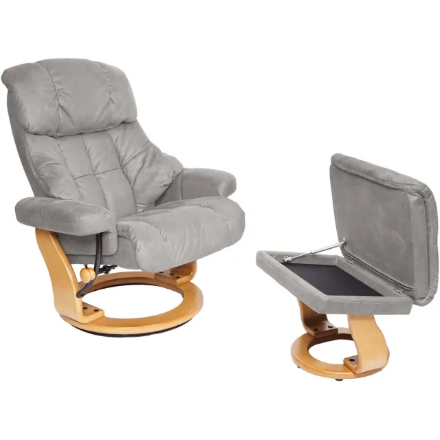 MCA Relaxfauteuil Calgary XXL, TV-fauteuil kruk, 180kg belastbaar stof/textiel ~ lichtgrijs, frame natuurbruin