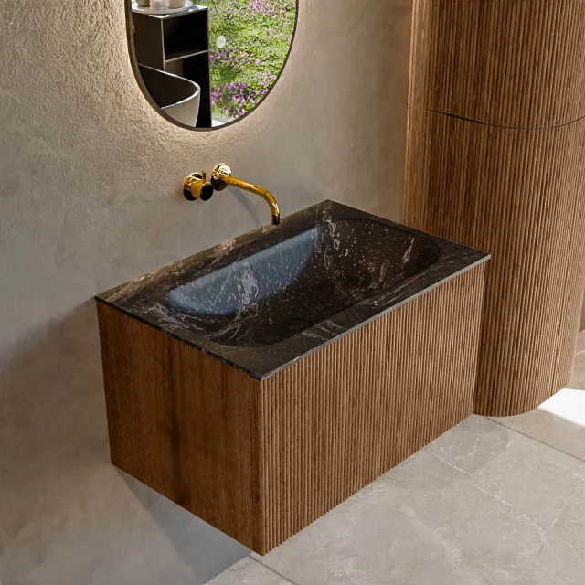 Mondiaz KURVE-DLUX 70 cm Onderkast Greeploos 1 Lade Zonder Deuren Walnut, Wastafel Solid Surface Volledig Lava 0 Kraangaten Zonder Spiegel (KRVBGS701L0D0KM-Wal/Lav)