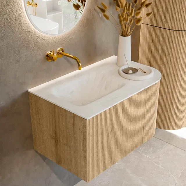 Mondiaz KURVE-DLUX 75 cm Onderkast Greeploos 1 Lade Met Deuren Oak, Wastafel Solid Surface Links Opalo 0 Kraangaten Zonder Spiegel (KRVGRU75R1L1D0KL-Oak/Opa)