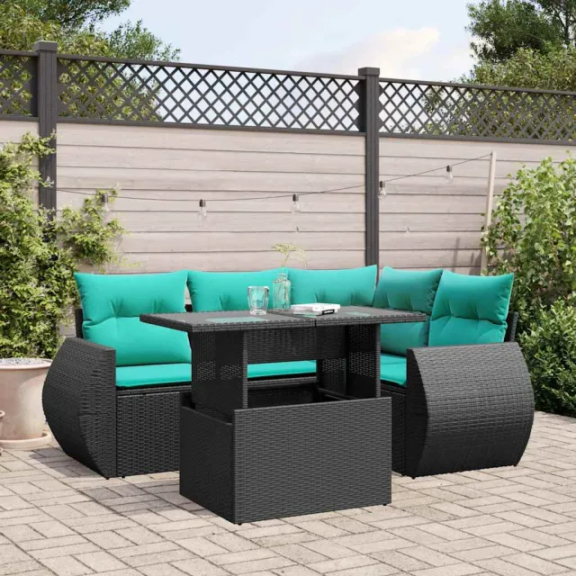 vidaXL 5-delige tuinbankset met kussens van zwart polyrotan, foto 2
