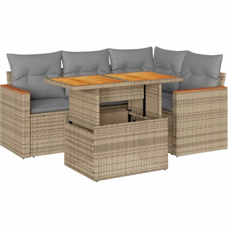 vidaXL 5-delige Loungeset met kussens poly rattan en acaciahout beige, foto 3