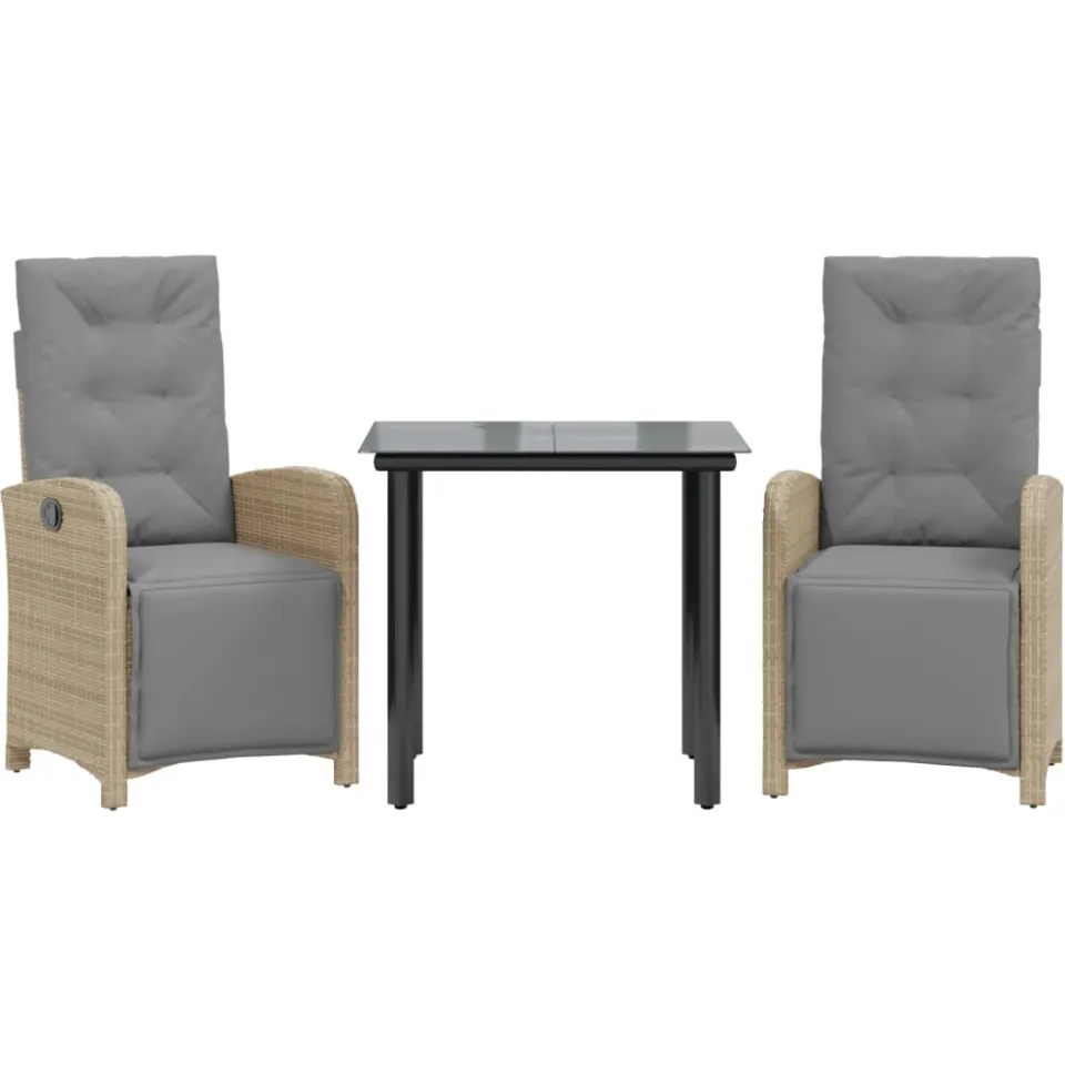 vidaXL 3-delige Bistroset met kussens poly rattan beige, foto 3