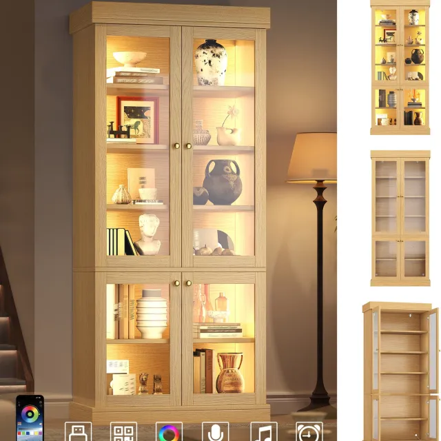 Clruro Vitrinekast - 80×40×180 cm - LED-Verlichting - Verstelbare Planken - MDF - Naturelbruin Natuurlijk Hout