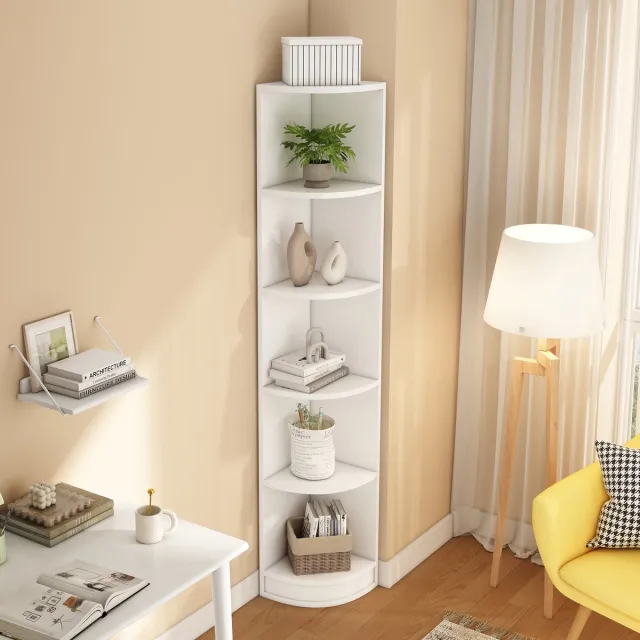OKWISH Hoek Boekenkast - Driehoek Design Voor Hoek - Ruimtebesparend Opbergen - 5 Planken - 42x30x180 cm - MDF - Wit Natuurlijk