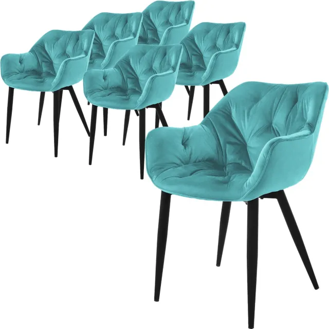 ml-design eetkamerstoelen set van 6 petrol, keukenstoel met dikke fluwelen gestoffeerde zitting, metalen poten, woonkamerstoel met rugleuning en armleuningen, gewatteerde stoel, ergonomische fauteuil Blauw
