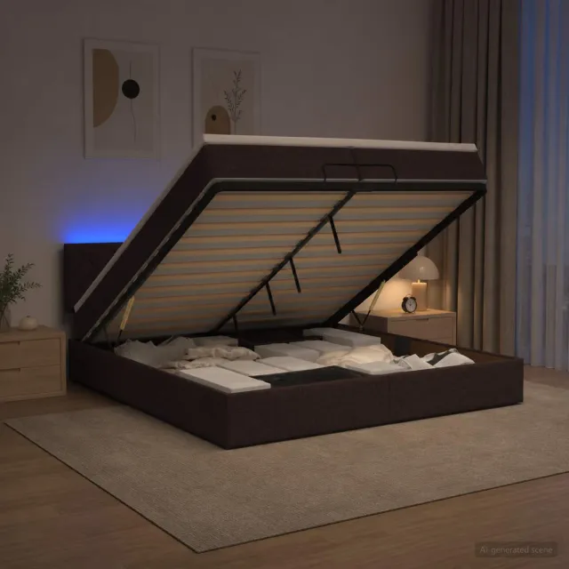 vidaXL Ottoman Bed met Matrassen en LED Donkerbruin 200 x 200 cm Stof