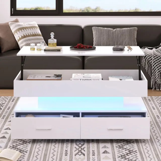 REDOM Hydraulisch verstelbare salontafel 100×50×44 cm – wit, LED met Bluetooth‑app, muziekgestuurd, 2 lades & verborgen opbergruimte