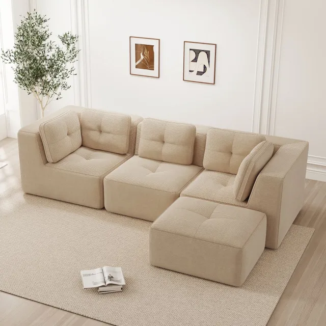 MIVRAY Hoekbank Modulair - L-Vormige 3-Zits Met Ottomane En Diepe Zitting - Voor Woonkamer En Lounge - Cord Beige