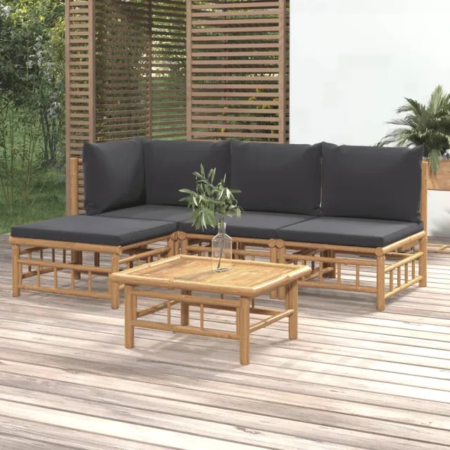 vidaXL 5-delige Loungeset met kussens bamboe donkergrijs bruin, foto 2