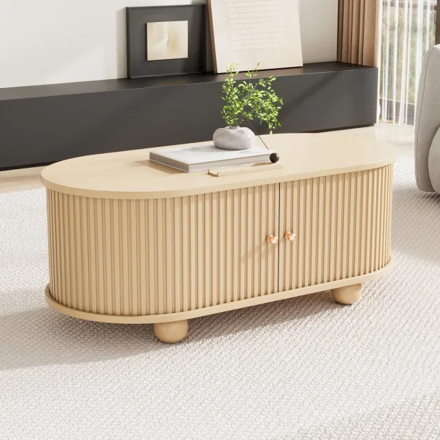STILVORA Salontafel - Ovaal Met Opbergruimte En Schuifdeuren - Verticale Geribbelde Deuren 180° Open - Voor Kleine Woonkamers - MDF - 100x50x40 Cm - Houtkleur Eik