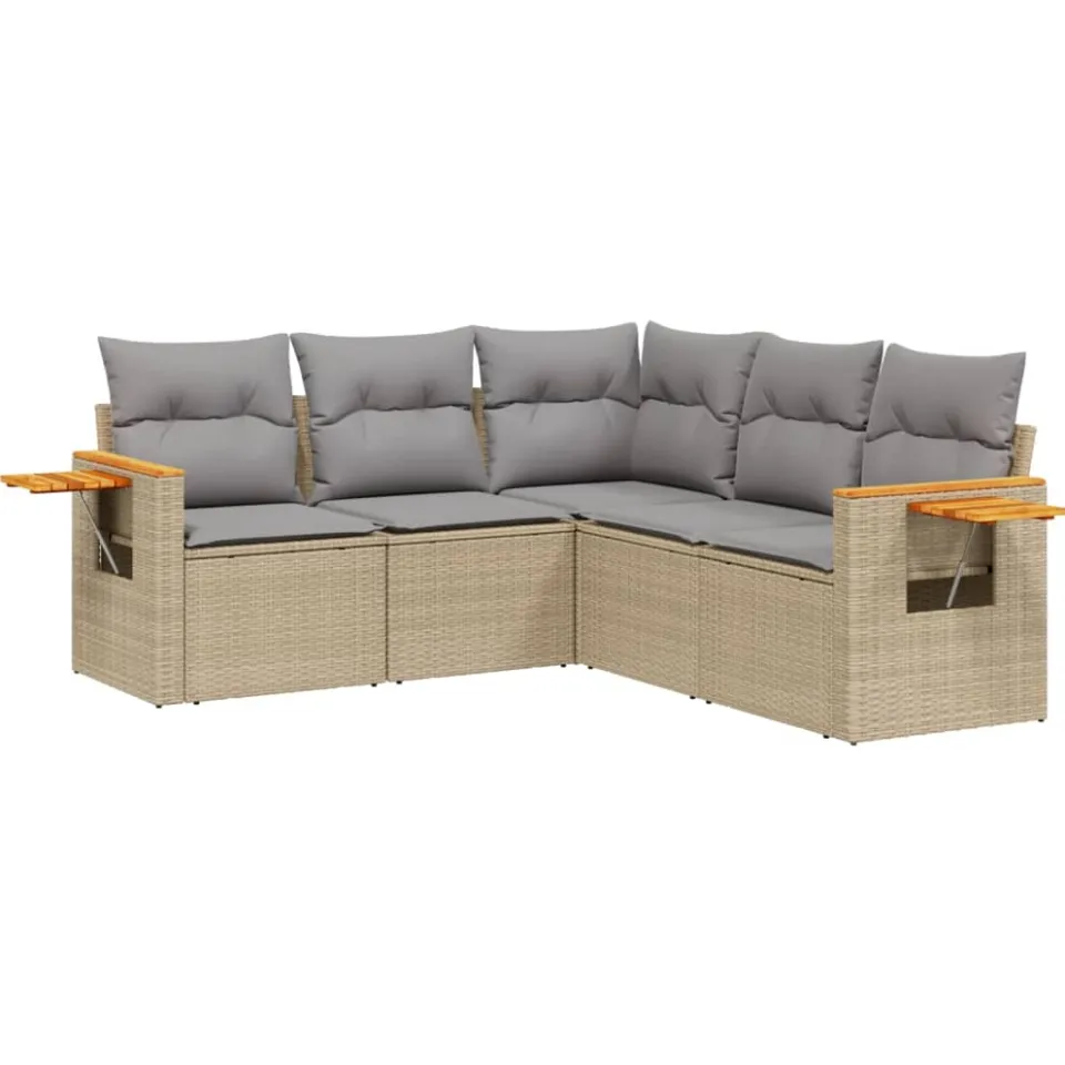 vidaXL 5-delige Loungeset met kussens poly rattan beige, foto 3