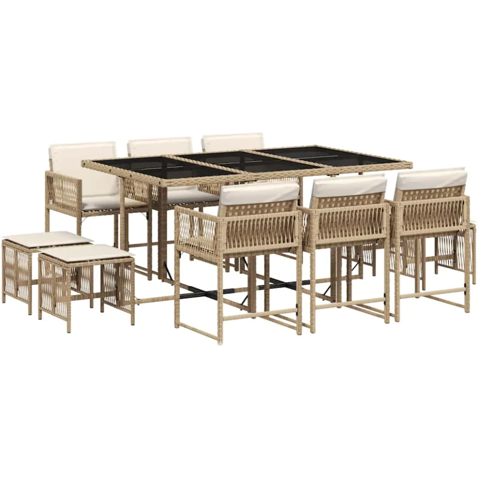 vidaXL 11-delige Tuinset met kussens poly rattan beige