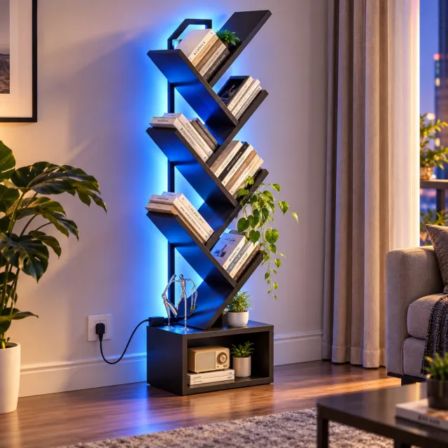 Parasha Nova boekenrek - Boomboekenplank, vrijstaande boekenkast met 6 niveaus, houten boekenplank met ledstrips, geschikt voor woonkamers en slaapkamers, 110 cm, zwart