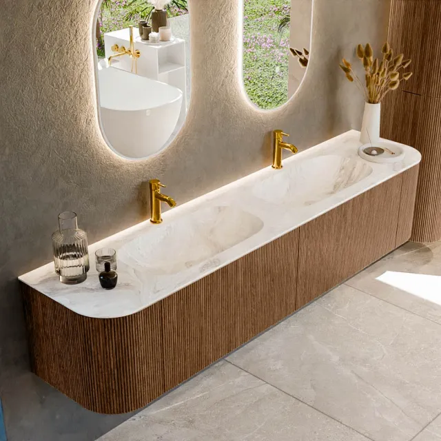 Mondiaz KURVE-DLUX 200 cm Onderkast Greeploos 2 Lades Met Deuren Walnut, Wastafel Solid Surface Dubbel Frappe 2 Kraangaten Zonder Spiegel (KRVSTS200L+R2L2D2KD-Wal/Fra)