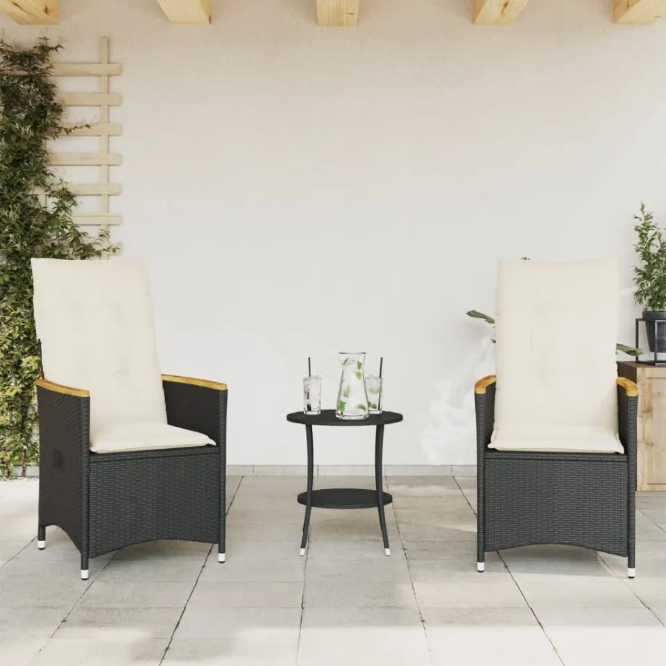 vidaXL 3-delige Bistroset met kussens poly rattan zwart, foto 2