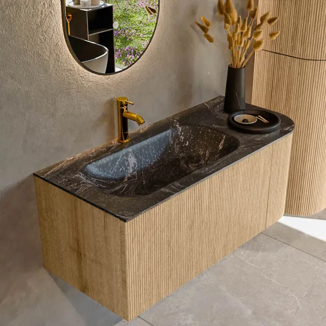 Mondiaz KURVE-DLUX 105 cm Onderkast Greeploos 1 Lade Met Deuren Oak, Wastafel Solid Surface Links Lava 1 Kraangat Zonder Spiegel (KRVBGS105R1L1D1KL-Oak/Lav)