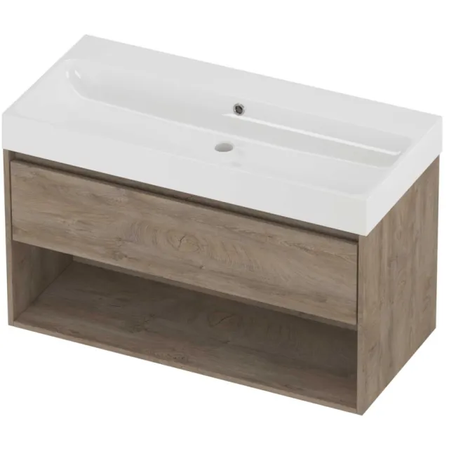 Proline Podium Badmeubelset Polystone Loft Schap 100x46x62 cm Glans Wit Raw Oak Eiken