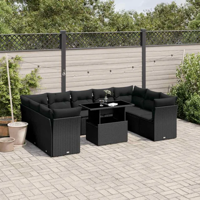 vidaXL 10-delige Loungeset met kussens poly rattan zwart, foto 2