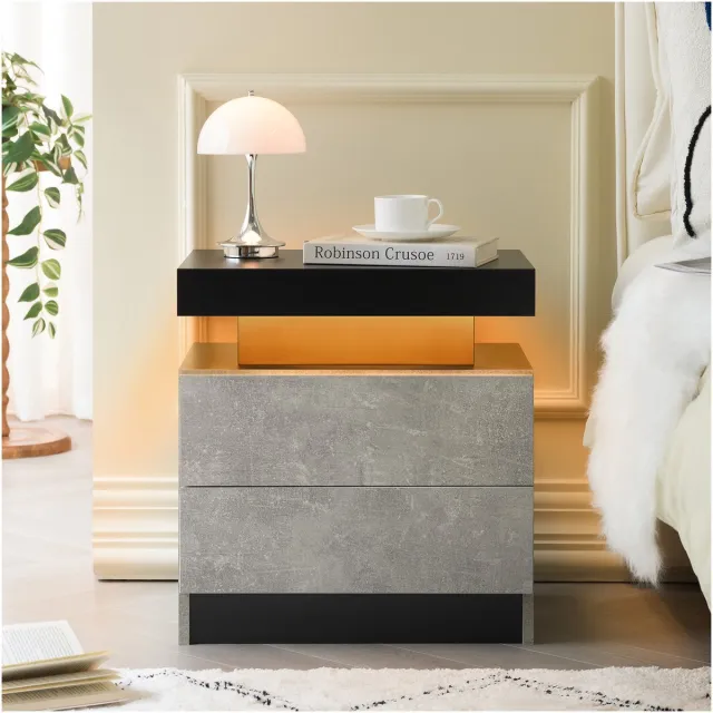 COVREO Nachtkastje 49 x 34,8 x 52,1 cm - grijs, 2 lades en verstelbare LED-verlichting