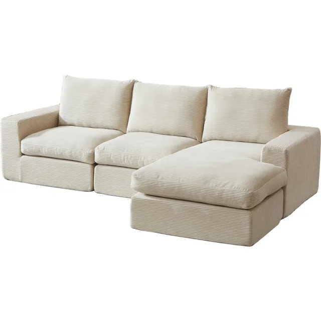 Merax Boneless Hoekbank Met Chaise Longue Van Cord – L Vorm Moderne Modulaire Bank Met 3 Kussens – Geen Montage Nodig – Beige