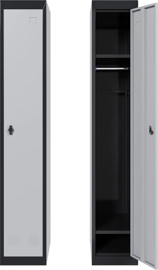 HOERFURIY Smalle Metalen Kluisjeskast met 1 Vergrendelbare Deur en Sleutel - 180 cm - Roestbestendige Stalen Opbergkast - 2 Legplanken en Kledingroede - Zelf te Monteren - Voor Kantoor School Sportschool en Garage Zwart