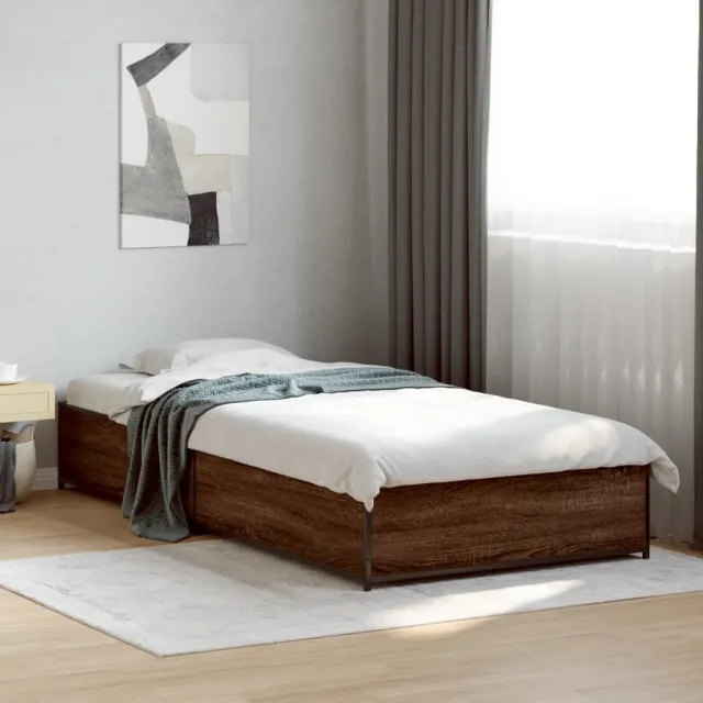 vidaXL Bedframe bewerkt hout en metaal gerookt eikenkleurig 75x190 cm