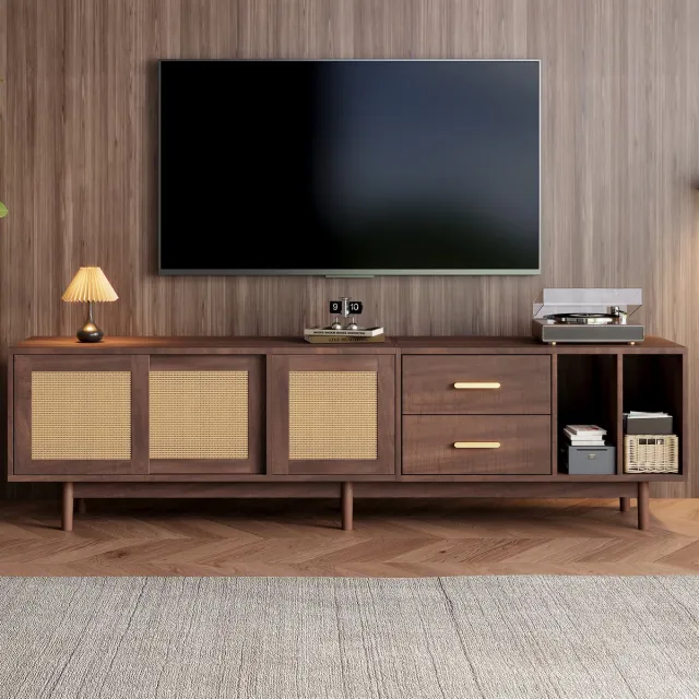Clruro TV Meubel - 190x40x52 cm - Rattan Look - Voor 75 Inch TV - 6 Poten en Lades - MDF - Bruin