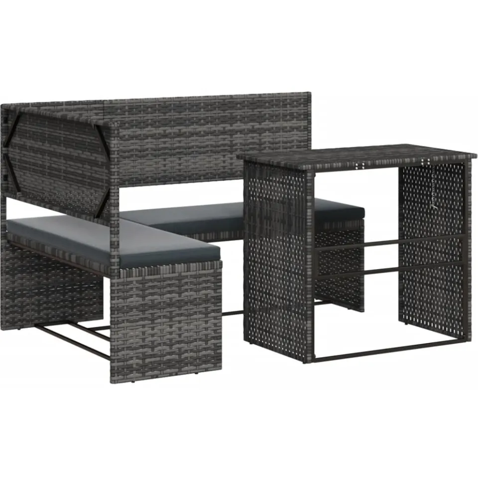 vidaXL Tuinbank met tafel en kussens L-vormig poly rattan grijs, foto 3