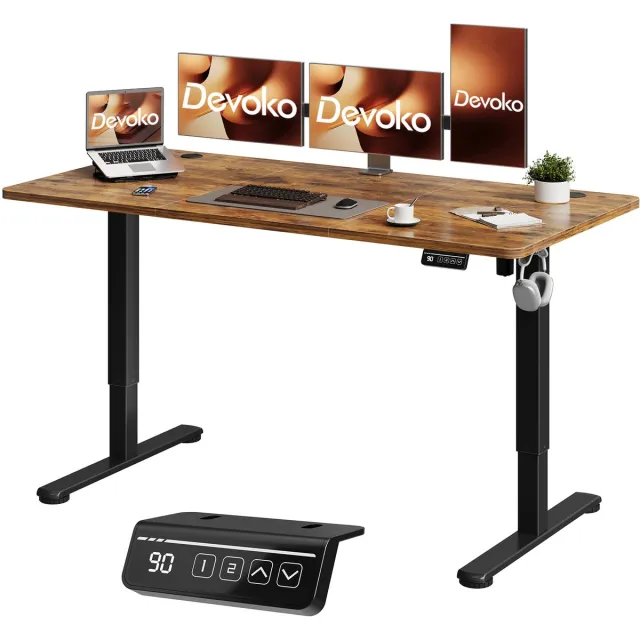 Devoko Elektrisch Zit-sta Bureau 160x60 cm – Stille Motor met Geheugenfunctie – 4 Knoppen Handbediening – Bruin Bruin-60