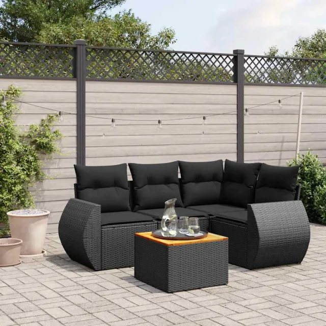 vidaXL 5-delige Loungeset met kussens poly rattan zwart, foto 2