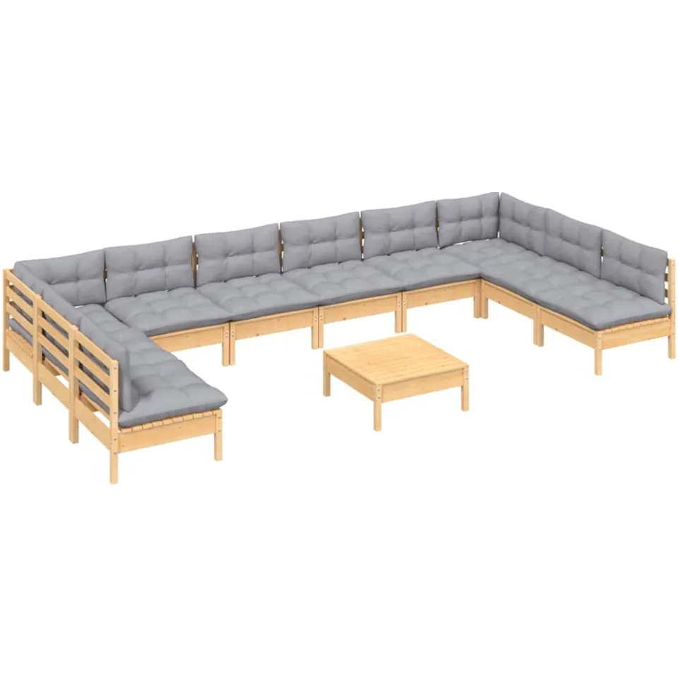 vidaXL 11-delige Loungeset met grijze kussens massief grenenhout Grijs