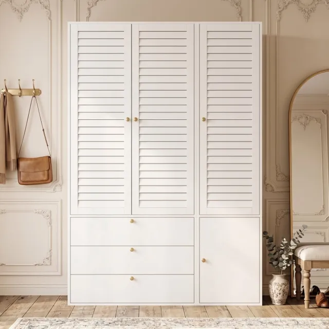 Clruro Kledingkast - 135 x 50 x 200 cm - 3 Lameldeuren - 2 Hangroedes en 3 Lades - PB - Wit